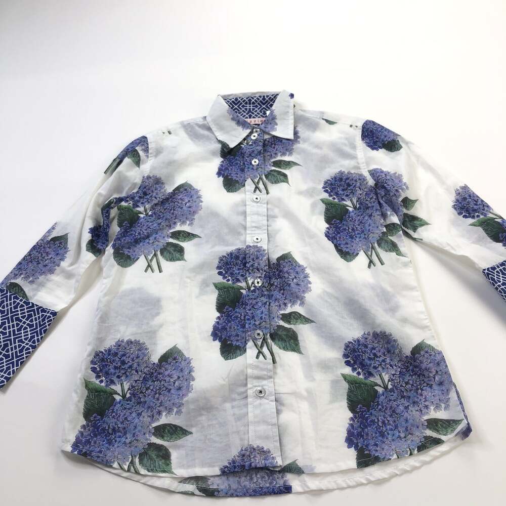 Tizzie Small 100% Cotton Button LS Shirt Floral All Over Print White Blue